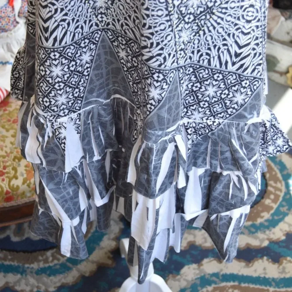 Y2K 'Cover Charge' Rhinestone Tunic Dress Black White Handkerchief Hem M